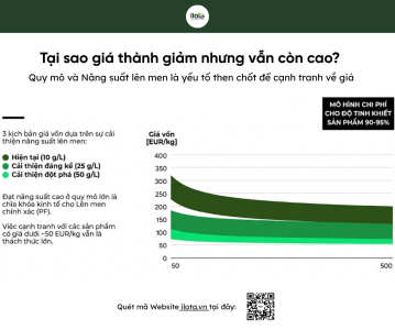 Biểu đồ so sánh chi phí sản xuất protein lên men cho sữa pha latte theo quy mô.